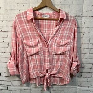 Bella Dahl Pink Plaid Shirt Size 6 Check Crop Tie Roll Sleeve  Button Up